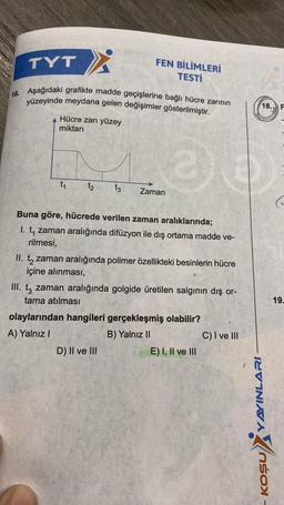 TYT
16. Aşağıdaki grafikte madde geçişlerine bağlı hücre zarının
yüzeyinde meydana gelen değişimler gösterilmiştir.
Hücre zarı yüzey
miktarı
t₁
t2
FEN BİLİMLERİ
TESTI
t3 Zaman
Buna göre, hücrede verilen zaman aralıklarında;
I. t₁ zaman aralığında difüzyon ile dış ortama madde ve-
rilmesi,
II. t₂ zaman aralığında polimer özellikteki besinlerin hücre
içine alınması,
D) II ve III
S
III. t3 zaman aralığında golgide üretilen salgının dış or-
tama atılması
olaylarından hangileri gerçekleşmiş olabilir?
A) Yalnız I
B) Yalnız II
E) I, II ve III
C) I ve III
YAYINLARI
18. F
ns
KOŞU
19.