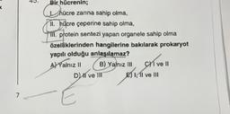 7
Ģ
Bir hücrenin;
hücre zarına sahip olma,
II. hücre çeperine sahip olma,
III. protein sentezi yapan organele sahip olma
özelliklerinden hangilerine bakılarak prokaryot
yapılı olduğu anlaşılamaz?
A) Yalnız II
B) Yalnız III
CXI ve 11
c)
E) I, II ve III
D) ve III