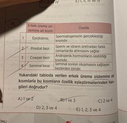 TIMLI
11.
2
D) I, II ve IV
Erkek üreme sis-
temine ait kısım
Prostat bezi
Spermatogenezin gerçekleştiği
Epididimis kısımdır. öz
enth01 nazn
Sperm ve idrarın üretradan farklı
zamanlarda atılmasını sağlar.
Androjenik hormonların üretildiği
kısımdır.
Seminal sıvının oluşmasını sağlayan
bezlerden biridir.
3 Cowper bezi
4
Seminal kese
VIA) 1 ve 2
IV
sboldist ming
Yukarıdaki tabloda verilen erkek üreme sistemine ait
kısımlarla bu kısımların özellik eşleştirmelerinden han-
gileri doğrudur? dugih
gidse suheliport nabnhsivell
D) 2, 3 ve 4
Özellik
B)1 ve 3
C) 2 ve 4
E) 1, 2, 3 ve 4