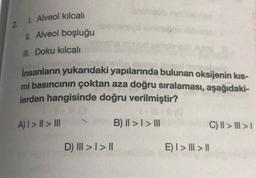 2
1. Alveol kılcalı
II. Alveol boşluğu
Ill. Doku kılcalı
insanların yukarıdaki yapılarında bulunan oksijenin kıs-
mi basıncının çoktan aza doğru sıralaması, aşağıdaki-
lerden hangisinde doğru verilmiştir?
A) | > | > III
B) II > I > III
D) III > | > ||
C) | > | >1
E) I > | > |