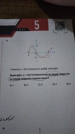 3.
4.
A) 1
2XXXX
TEST
5
B) 2
-2
Yukarıda y = f(x) fonksiyonun grafiği verilmiştir.
Buna göre, y = f(x) fonksiyonunun en büyük değeri ile
en küçük değerinin toplamı kaçtır?
DESO
C) 3
URMATOS
f...
-X
D) 4
E) 5