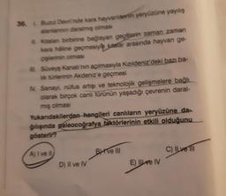 36. & Buzul Devrinde kara hayvanların yeryüzüne yayılış
alanlarının daralmış olması
8. Kitalan birbirine bağlayan geçitlerin zaman zaman
kara haline geçmesiyle kefar arasında hayvan ge-
çişlerinin olması
IL Süveyş Kanali'nin açılmasıyla Kızıldeniz'deki bazı ba-
lik türlerinin Akdeniz'e geçmesi
N. Sanayi, nüfus artışı ve teknolojik gelişmelere bağlı
olarak birçok canlı türünün yaşadığı çevrenin daral-
mış olması
Yukandakilerden hangileri canlıların yeryüzüne da-
ğılışında paleocoğrafya faktörlerinin etkili olduğunu
gösterir?
A) I ve Il
D) II ve IV
B've III
E) IlIl ve IV
C) ILve Ill