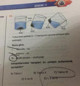 nda
12.
Y(s)
Buna göre,
1.
Nescafe - su
Ihlamur-su
DENEME 11
X(k)
X(k)
Yukarıdaki şekilde X - Y karışımını ayırma yöntemi gös-
terilmiştir.
X(k)
D) II ve III
III. eytin posası - zeytinyağı
karışımlarından hangileri bu yöntem kullanılarak
ayrılabilir?
A) Yalnız I
Y(s)
B) Yalnız II
C) Yalnız III
E) I, II ve III