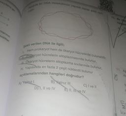 meydana ge-
A
nlarının
eotitler
Aşağıda bir DNA molekülünün yapısal olarak şekli verit
miştir.
Şekli verilen DNA ile ilgili;
Hem prokaryot hem de ökaryot hücrelerde bulunabilir,
Prokaryot hücrelerin sitoplazmasında bulunur,
IL Ökaryot hücrelerin sitoplazma sıvılarında bulunur,
IV. Yapısında en fazla 2 çeşit nükleotit bulunur
açıklamalarından hangileri doğrudur?
A) Yalnız I
1.
B) Yalnız III
D) I, II ve IV
C) I ve II
E) II, II ve IV
10. Bir DNA
hangish
A
11. Aş
B
LLM
ku