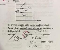 8.
Özkütle
N
V
IV
IM
Bir sıvının Özkütle-kütle grafiği şekildeki gibidir.
Buna göre, sıvının sıcaklığı hangi aralıklarda
değişmiştir?
RV=Q-R. T
A) I ve 11
B) ve III
D) I ve Ill
→→Kütle
E) ve IV
V↓
C) I ve IV
(1991-ÖSS)