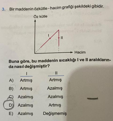 3. Bir maddenin özkütle - hacim grafiği şekildeki gibidir.
Öz kütle
→ Hacim
Buna göre, bu maddenin sıcaklığı I ve II aralıkların-
da nasıl değişmiştir?
A)
B)
D
E)
|
Artmış
Artmış
Azalmış
Azalmış
Azalmış
||
Artmış
Azalmış
Azalmış
Artmış
Değişmemiş