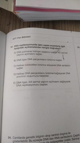 AYT/Fen Bilimleri
33. DNA replikasyonunda işlev yapan enzimlerle ilgili
aşağıdaki açıklamalardan hangisi doğrudur?
A) DNA polimeraz hidrojen bağlarını kırarak ikili sarmal
yapının açılmasını sağlar.
B) DNA ligaz DNA parçacıklarını birbirine bağlar.
C) Helikaz nükleotitleri birbirine ekleyerek DNA sentezini
sağlar.
D) Helikaz DNA parçacıklarını birbirine bağlayarak DNA
zincirinin oluşumunu katalizler.
E) DNA ligaz, ikili sarmal yapının açılmasını sağlayarak
DNA replikasyonunu başlatır.
35.
34. Canlılarda genetik bilginin akışı santral dogma ile
gösterilebilir. Bu süreçte DNA'dan RNA sentezlenir. Çeşitli
da da polipeptitler üretilir. Santral