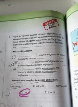 Hg)
3.
dengesinin sağlanması için akciğerler ve böbrekler bir dizi
Egzersiz yapan bir insanda kanın pH değeri düşer. pH
işleve sahiptir. Akciğerler nefes verme ile CO₂'yi vücut
dışına atarak pH dengesini sağlamaya çalışır. Böbrekler
ise
Yukarıdaki açıklama,
III.
MADE BY
UcDört
Bes
kanallarına vererek
H* iyonlarını salgılama ile nefron
bikarbonat (HCO3) iyonlarının
daha fazla geri emilmesini sağlayarak
D) I ve Il
hipofizden salgılanan ADH
hormonu etkisiyle idrarın yoğunlaşmasını
sağlayarak
ifadelerinden hangileri ile devam ettirilebilir?
A) Yalnız L
B) Yalnız II
E) II ve III
C) Yalnız III
HQ
Kabuk
Oz bo
Yukar
salgıla
Şem:
söyl
A)