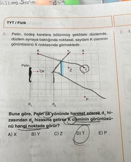 F151- Sono
5.
TYT / Fizik
Pelin, özdeş karelere bölünmüş şekildeki düzlemde,
düzlem aynaya baktığında noktasal, saydam K cisminin
görüntüsünü X noktasında görmektedir.
K
Pelin
Ok
N
X
P
d₁
d₂
Buna göre, Pelin ok yönünde hareket ederek.d, hi-
zasından d, hizasına gelirse K cisminin görüntüsü-
nü hangi noktada görür?
A) X
B) Y
C) Z
D) T
E) P
7. 1.