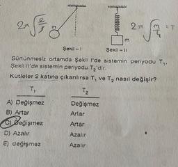 √ T
2x
A) Değişmez
B) Artar
Beğişmez
D) Azalır
E) değişmez
éleselfee
Şekil -1
Şekil - 11
Sürtünmesiz ortamda Şekil 1'de sistemin periyodu T,.
Şekil Il'de sistemin periyodu T₂'dir.
Kütleler 2 katına çıkarılırsa T, ve T₂ nasıl değişir?
T,
T₂
Değişmez
Artar
Artar
Azalır
Azalır
3
2
S