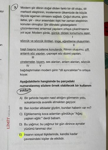 ayı
an
LİMİT YAYINLARI
eqHubuo muovub sex Im
Modern şiir dilinin doğal dilden farklı bir dil oluşu, dil
merkezli eleştirinin, incelemenin ülkemizde de büyük
ölçüde egemen olmasını sağladı. Çoğul okuma, şiirin
iletisi, şiir okur arasındaki ilişki her zaman