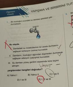 Öğreten
Klasik
1.
Bir musluğun ucundaki su damlası şekildeki gibi
durmaktadır.
X
Bu olayda,
YAPIŞMA VE BİRBİRİNİ TUT
Damladaki su moleküllerinin bir arada durmasını
sağlayan kohezyon (tutma) kuvvetidir.
II. Damlanın, musluğun ağzından düşmeden durmasını
sağlayan adezyon (yapışma) kuvvetidir.
III. Su damlası yüzey gerilimi sayesinde küre biçimi
almıştır.
koyezyen
yargılarından hangileri doğrudur?
A) Yalnız I
B) Yalnız II
D) I ve III
C) I ve II
E) I, II ve III
3.
Bir
ge
a