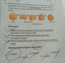 15. İnsan embriyosunun gelişiminin ilk evrelerinde zigotun
geçirdiği hızlı mitozlar, segmentasyon adını alır. Bölün-
meler sonucu oluşan hücrelerin her birine blastomer adi
verilir.
Zigot
L
Blastomerler
A) Yalnız I
Buna göre,
1. Segmentasyon sırasında embriyonun büyüklüğü
artmazken, hücre sayısı artar.
I. Yeni oluşan hücrelerin kromozom sayısı ana
hücreden farklıdır.
U. Oluşan blastomer sayısı arttıkça embriyonun ağırlığı
azalır.
ifadelerinden hangileri doğrudur?
Segmentasyon
D) I ve ill
Morula
B) Yalnız II
C) Yalnız
E) I, Ive III