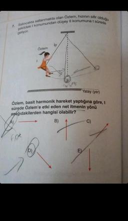 7. Salıncakta sallanmakta olan Özlem, hızının sıfır olduğu
şekildeki I konumundan düşey II konumuna t sürede
geliyor.
Özlem
Fot
ip
Yatay (yer)
Özlem, basit harmonik hareket yaptığına göre, t
sürede Özlem'e etki eden net itmenin yönü
aşağıdakilerden hangisi olabilir?
B)
4