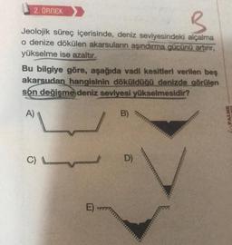 2. ÖRNEK
B
Jeolojik süreç içerisinde, deniz seviyesindeki alçalma
o denize dökülen akarsuların aşındırma gücünü artırır,
yükselme ise azaltır.
Bu bilgiye göre, aşağıda vadi kesitleri verilen beş
akarsudan hangisinin döküldüğü denizde görülen
son değişme deniz seviyesi yükselmesidir?
A)
C)
E)
B)
D)
TTT
TIT
PALME