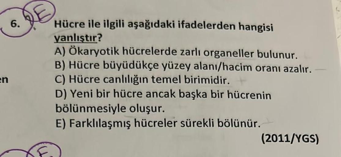 en
6.
Hücre ile ilgili aşağıdaki ifadelerden hangisi
yanlıştır?
A) Ökaryotik hücrelerde zarlı organeller bulunur.
B) Hücre büyüdükçe yüzey alanı/hacim oranı azalır.
C) Hücre canlılığın temel birimidir.
D) Yeni bir hücre ancak başka bir hücrenin
bölünmesiyl