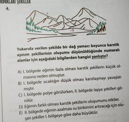 KLARI ŞEKILLER
4.
Yukarıda verilen şekilde bir dağ yamacı boyunca karstik
aşınım şekillerinin oluşumu düşünüldüğünde numaralı
alanlar için aşağıdaki bilgilerden hangisi yanlıştır?
A) I. bölgede eğimin fazla olması karstik şekillerin küçük ol-
masına neden olmuştur.
B) I. bölgede sıcaklığın düşük olması karstlaşmayı yavaşlat-
mıştır.
C) I. bölgede polye görülürken, II. bölgede lapya şekilleri gö-
rülür.
D) Eğimin farklı olması karstik şekillerin oluşumunu etkiler.
E) II. bölgede eğimin azalması su birikimini artıracağı için olu-
şan şekiller I. bölgeye göre daha büyüktür.