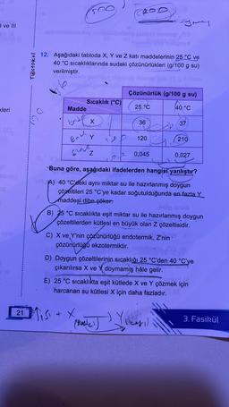 I ve III
kleri
Y
Testokul
Sıcaklık (°C)
12. Aşağıdaki tabloda X, Y ve Z katı maddelerinin 25 °C ve
40 °C sıcaklıklarında sudaki çözünürlükleri (g/100 g su)
verilmiştir.
Madde
Ende
Endl
Elae
X
Z
(ROD)
Çözünürlük (g/100 g su)
40 °C
25 °C
36
21₁5₁ + X
(South)
120
-
0,045
Jymy
C) X ve Y'nin çözünürlüğü endotermik, Z'nin
ekzotermiktir.
çözünürlüğü
nürlüğü
Buna göre, aşağıdaki ifadelerden hangisi yanlıştır?
MA) 40 °C'deki aynı miktar su ile hazırlanmış doygun
çözeltileri 25 °C'ye kadar soğutulduğunda en fazla Y
maddesi dibe çöker.
37
B) 25 °C sıcaklıkta eşit miktar su ile hazırlanmış doygun
çözeltilerden kütlesi en büyük olan Z çözeltisidir.
210
0,027
D) Doygun çözeltilerinin sıcaklığı 25 °C'den 40 °C'ye
çıkarılırsa X ve doymamış hâle gelir.
Yuleasi)
E) 25 °C sıcaklıkta eşit kütlede X ve Y çözmek için
harcanan su kütlesi X için daha fazladır.
3. Fasikül