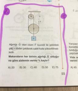 S
160
Ağırlığı G olan cisim F kuvveti ile şekildeki
gibi h kadar çekilerek sabit hızla yükseltilmek-
tedir.
Makaraların her birinin ağırlığı G olduğu-
na göre sistemin verimi % kaçtır?
A) 20
B) 30
D) 50 E) 75
C) 40
55
F21
Yarıçapı
kuvvetle
lunduğu
yapmak
Vida ac
verimi
A) 45