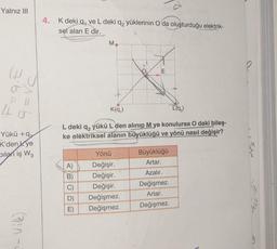 Yalnız III
W
4
Yükü +9
K'den ye
Dilan iş W3
4.
K deki q, ve L deki q₂ yüklerinin O da oluşturduğu elektrik-
sel alan E dir.
ABOô
A)
K(q₁)
L(9₂)
L deki q₂ yükü L den alınıp M ye konulursa O daki bileş-
ke elektriksel alanın büyüklüğü ve yönü nasıl değişir?
B)
C)
M
D)
E)
110
Yönü
Değişir.
Değişir.
Değişir.
Değişmez.
Değişmez.
E
Büyüklüğü
Artar.
Azalır.
Değişmez.
Artar.
Değişmez.