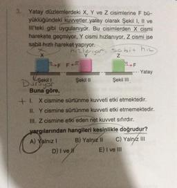 3. Yatay düzlemlerdeki X, Y ve Z cisimlerine F bü-
yüklüğündeki kuvvetler yatay olarak Şekil I, II ve
III'teki gibi uygulanıyor. Bu cisimlerden X cismi
harekete geçmiyor, Y cismi hızlanıyor, Z cismi ise
sabit hızlı hareket yapıyor.
hizlarıyor
X
PF FE
Şekil II
sabit hi
Z
Şekil III
F
Yatay
Şekil I
Buna göre,
+1. X cismine sürtünme kuvveti etki etmektedir.
II. Y cismine sürtünme kuvveti etki etmemektedir.
III. Z cismine etki eden net kuvvet sıfırdır.
yargılarından hangileri kesinlikle doğrudur?
A) Yalnız I B) Yalnız II C) Yalnız III
D) I ve H
E) I ve III