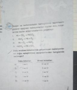 o
7
ez
ez
(
40. Oksijen ve karbondioksitin hemoglobinle taşınmasını
gösteren aşağıdaki reaksiyonlardan bazıları doku kilical-
larında bazılanı alveol kılcallarında gerçekleşir.
LH0000,
HbO₂ → Hb+0₂
Hb+0₂ → HbO₂
N.500.00
Doku ve alveol kılcallarında gerçekleşen reaksiyonla-
rin doğru eşleştirilmesi aşağıdakilerden hangisinde
verilmiştir?
A)
B)
C)
D)
E)
Doku kılcallan
I ve Il
I ve III
II ve III
I ve IV
Il ve IV
Alveol kılcallan
III ve IV
Il ve IV
I ve IV
II ve III
I ve III
2