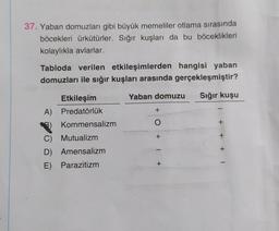 37. Yaban domuzları gibi büyük memeliler otlama sırasında
böcekleri ürkütürler. Sığır kuşları da bu böceklikleri
kolaylıkla avlarlar.
Tabloda verilen etkileşimlerden hangisi yaban
domuzları ile sığır kuşları arasında gerçekleşmiştir?
Yaban domuzu Sığır kuşu
A)
Etkileşim
Predatörlük
Kommensalizm
C) Mutualizm
D) Amensalizm
E) Parazitizm
+
O + I +