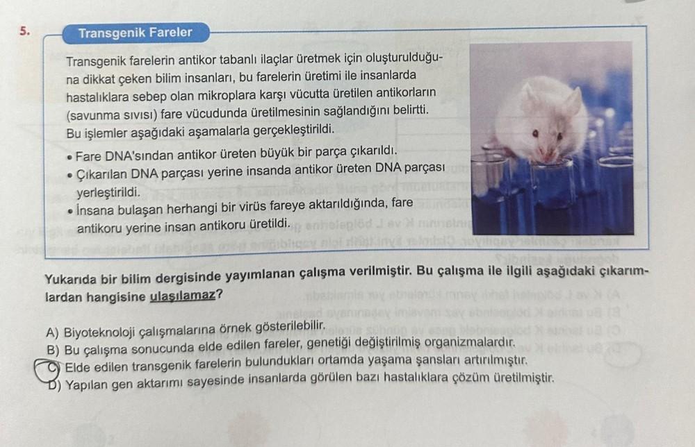 5.
Transgenik Fareler
Transgenik farelerin antikor tabanlı ilaçlar üretmek için oluşturulduğu-
na dikkat çeken bilim insanları, bu farelerin üretimi ile insanlarda
hastalıklara sebep olan mikroplara karşı vücutta üretilen antikorların
(savunma sivisi) fare