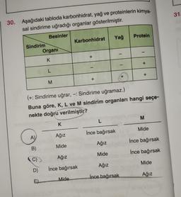 30. Aşağıdaki tabloda karbonhidrat, yağ ve proteinlerin kimya-
sal sindirime uğradığı organlar gösterilmiştir.
Besinler
Sindirim
A)
B)
C)
Organi
K
D)
L
M
K
Ağız
Mide
Karbonhidrat
(+: Sindirime uğrar, -: Sindirime uğramaz.)
Buna göre, K, L ve M sindirim organları hangi seçe-
nekte doğru verilmiştir?
Ağız
İnce bağırsak
Mide
Yağ
L
I
İnce bağırsak
Ağız
Mide
Ağız
ince bağırsak
+
Protein
+
+
M
Mide
İnce bağırsak
İnce bağırsak
Mide
Ağız
31.