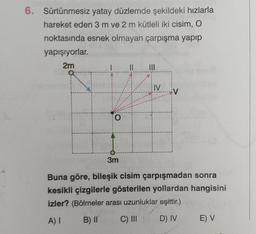 6. Sürtünmesiz yatay düzlemde şekildeki hızlarla
hareket eden 3 m ve 2 m kütleli iki cisim, O
noktasında esnek olmayan çarpışma yapıp
yapışıyorlar.
2m
O
3m
|||
IV
Buna göre, bileşik cisim çarpışmadan sonra
kesikli çizgilerle gösterilen yollardan hangisini
izler? (Bölmeler arası uzunluklar eşittir.)
A) I
B) II
C) III
D) IV
E) V