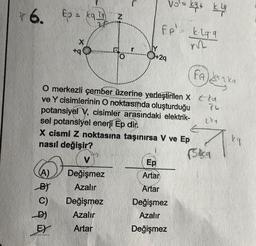 * 6.
B)
C)
_D)
EY
Ep
to =
HA
= kq_29)
X
+q
FAka
tra
O merkezli çember üzerine yerleştirilen X ka
ve Y cisimlerinin O noktasında oluşturduğu
potansiyel V, cisimler arasındaki elektrik-
sel potansiyel enerji Ep din.
X cismi Z noktasına taşınırsa V ve Ep
nasıl değişir?
Değişmez
Azalır
N
Değişmez
Azalır
Artar
vo²= kg+ ky
fp
Fp² = k·29.9
r
Y
+29
Ep
Artar
Artar
Değişmez
Azalır
Değişmez
74
274
A
59
kq