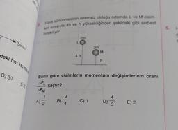 Zaman
deki hızı kaç mis
D) 30
E) 32
2.
A)
Hava sürtünmesinin önemsiz olduğu ortamda L ve M cisim-
leri sırasıyla 4h ve h yüksekliğinden şekildeki gibi serbest
bırakılıyor.
-|~
B)
3
L
4
2m
Buna göre cisimlerin momentum değişimlerinin oranı
APL
kaçtır?
APM
4h
3m
M
h
C) 1 D)
4
3
E) 2
5. H
C
S
