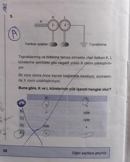 ZAV
D
28
5.
A
B)
C)
CDE
X
D)
Yalıtkan ayaklar
E)
Topraklanmış ve birbirine temas etmekte olan iletken K, L
kürelerine şekildeki gibi negatif yüklü X çiśmi yaklaştırılı-
yor.
Bir süre sonra önce toprak bağlantısı kesiliyor, sonrasın-
da X cismi uzaklaştırılıyor.
Buna göre, K ve L kürelerinin yük işareti hangisi olur?
K
+
+
KL
nötr
2
+
4
+
Topraklama
+
nötr
nötr
+
Diğer sayfaya geçiniz.