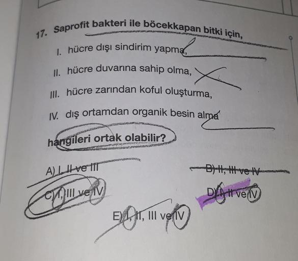 17. Saprofit bakteri ile böcekkapan bitki için,
1. hücre dışı sindirim yapma,
II. hücre duvarına sahip olma,
III. hücre zarından koful oluşturma,
IV. dış ortamdan organik besin alma
hangileri ortak olabilir?
A) ve til
III ve IV
STENSV
E) I, II, III ve IV
B