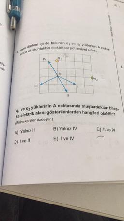 11
sis-
siz
6. Aynı düzlem içinde bulunan q ve q2 yüklerinin A nokta-
sında oluşturdukları elektriksel potansiyel sıfırdır.
=
IV
A
11
92
B) Yalnız IV
E) I ve IV
A) I
ke elektrik alanı gösterilenlerden hangileri olabilir?
91 ve q2 yüklerinin A noktasında oluşturdukları bileş-
(Birim kareler özdeştir.)
A) Yalnız II
D) I ve II
C) II ve IV