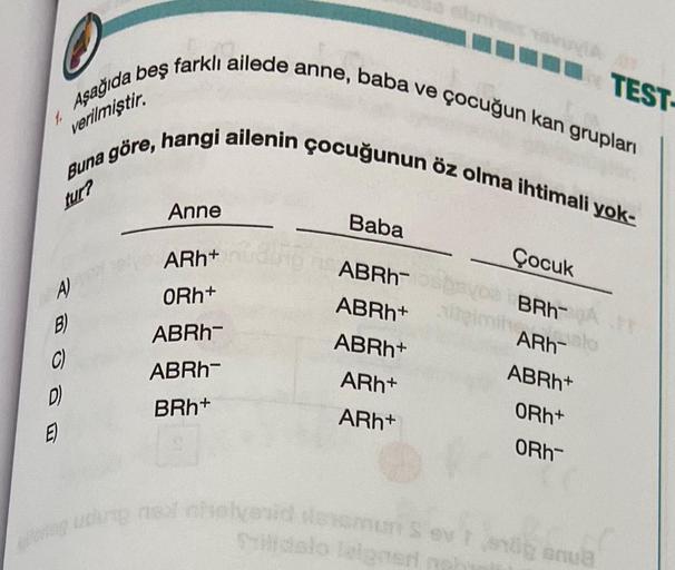 Aşağıda beş farklı ailede anne, baba ve çocuğun kan grupları
Buna göre, hangi ailenin çocuğunun öz olma ihtimali yok-
verilmiştir.
1.
tur?
A)
AD
B)
C)
E
D)
E)
Anne
ARh+
ORh+
ABRh-
ABRh
BRh+
Baba
ABRh
ABRh+
ABRh+
ARh+
ARh+
Çocuk
eng ucung next ahelyenid dav