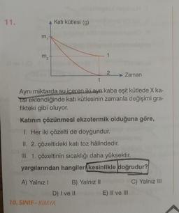 11.
3
m₁
3
m₂-
Katı kütlesi (g)
B) Yalnız II
D) I ve II
10. SINIF KİMYA
1
Aynı miktarda su içeren iki ayrı kaba eşit kütlede X ka-
TISI eklendiğinde katı kütlesinin zamanla değişimi gra-
fikteki gibi oluyor.
Katının çözünmesi ekzotermik olduğuna göre,
1. Her iki çözelti de doygundur.
II. 2. çözeltideki katı toz hâlindedir.
III. 1. çözeltinin sıcaklığı daha yüksektir.
yargılarından hangileri kesinlikle doğrudur?
A) Yalnız I
2
Zaman
E) II ve III
C) Yalnız III