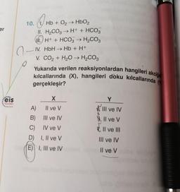 er
eis
Yayınları
10.
B
Hb+ O₂ → HbO2
II. H₂CO3 → H+ + HCO3
N. H+ + HCO3 → H₂CO3
IV. HbH →→ Hb + H+
V. CO₂ + H₂O → H₂CO3
Yukarıda verilen reaksiyonlardan hangileri akciğe
kılcallarında (X), hangileri doku kılcallarında (
gerçekleşir?
0
X
A) Il ve V
B)
III ve IV
C)
IV ve V
D)
I, II ve V
E) I, III ve IV
Y
III ve IV
Il ve V
II ve III
III ve IV
Il ve V