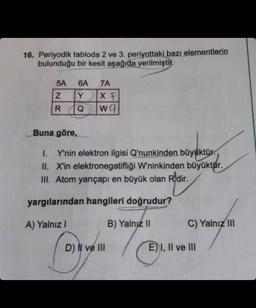 16. Periyodik tabloda 2 ve 3. periyottaki bazı elementlerin
bulunduğu bir kesit aşağıda verilmiştir.
5A 6A 7A
Y
X F
Q wa
Z
R
Buna göre,
I. Y'nin elektron ilgisi Q'nunkinden büyüktür.
II. X'in elektronegatifliği W'ninkinden büyüktür.
III. Atom yarıçapı en büyük olan R'dir.
yargılarından hangileri doğrudur?
A) Yalnız I
B) Yalnız II
C
D) Il ve III
C) Yalnız III
EI, II ve III