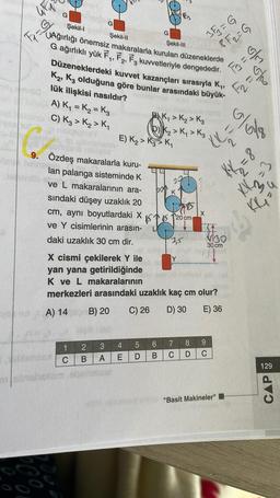 F₁=3
Şekil-I
Şekil-11
Şekil-III
UAğırlığı önemsiz makaralarla kurulan düzeneklerde
G ağırlıklı yük F₁, F2, F3 kuvvetleriyle dengededir.
Düzeneklerdeki kuvvet kazançları sırasıyla K₁,
K₂, K3 olduğuna göre bunlar arasındaki büyük-
lük ilişkisi nasıldır?
G
A) K₁ = K₂ = K3
etc C) K3 > K₂ > K₁
OU
9. Özdeş makaralarla kuru-
teinen
CRE
G
lan palanga sisteminde K
ve L makaralarının ara-
sındaki düşey uzaklık 20
cm, aynı boyutlardaki X
ve Y cisimlerinin arasın-
daki uzaklık 30 cm dir.
1
C
hatom
23
B
E) K₂>KK₁
3
A
3000
G
X cismi çekilerek Y ile
yan yana getirildiğinde
K ve L makaralarının
merkezleri arasındaki uzaklık kaç cm olur?
A) 14 B) 20
C) 26
D) 30
E) 36
K₁ > K₂ > K₂
K₂ > K₁ > K₂
120 cm
5
4
E
D
1,5
3√₁= G
8F2=G
Y
6 7
8
B C D
X
30 cm
9
C
"Basit Makineler"
(15
%
Fj
F₂=22
6/6/8
= 27
8 = 3/18
KIC
{=}}
KG
129
CAP