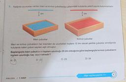 5. Aşağıda uzunlukları verilen mavi ve kırmızı çubuklardan altlarındaki kutularda yeterli sayıda bulunmaktadır.
2/3
dm
ANK-2304 / 7. SINIF
3
4
Mavi çubuklar
Kırmızı çubuklar
Mavi ve kırmızı çubukların her ikisinden de uzunlukları toplamı 12 dm olacak şekilde çubuklar alındığında
kutularda kalan çubuk sayıları eşit olmuştur.
dm
Başlangıçta mavi çubukların toplam uzunluğu 20 dm olduğuna göre başlangıçta kırmızı çubukların
toplam uzunluğu kaç desimetredir?
(A) 21
B) 22
C) 23
D) 24
Diğer sayfaya geçiniz.