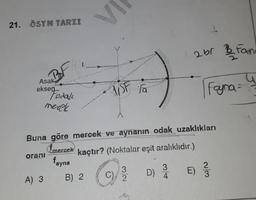 21. ÖSYM TARZI
Asak
ekse Fodal
merek
BF
oranı
A) 3
A
B) 2
+)
11SP Fa
Buna göre mercek ve aynanın odak uzaklıkları
Imercek
kaçtır? (Noktalar eşit aralıklıdır.)
fayna
C)
3
2
2br
D) 3/1
4
E)
Fayna
WN
Fand
2