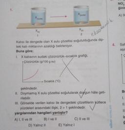 1.
Xuda)
X(X)
1
Sıcaklık (°C)
Katısı ile dengede olan X sulu çözeltisi soğutulduğunda dip-
teki katı miktarının azaldığı belirleniyor.
Buna göre;
I. X katısının sudaki çözünürlük-sıcaklık grafiği,
↑ Çözünürlük (g/100 g su)
X (suda)
X(K)
2
B) I ve II
şeklindedir.
II. Doymamış X sulu çözeltisi soğutularak doygun hâle geti-
doygun
D) Yalnız II
eksoterik
rilebilir.
III. Görselde verilen katısı ile dengedeki çözeltilerin kütlece
yüzdeleri arasındaki ilişki, 2 > 1 şeklindedir.
yargılarından hangileri yanlıştır?
A) I, II ve III
E) Yalnız I
C) II ve III
MIRAY YAYINLARI
4.
NO
ğinin
A) 9
Saf
aşa
B
1.
11.
11
is
ģ