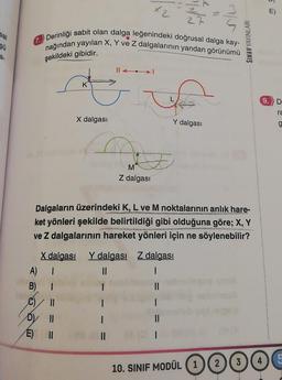 sal
Şù
a-
E)
Derinliği sabit olan dalga leğenindeki doğrusal dalga kay-
nağından yayılan X, Y ve Z dalgalarının yandan görünümü
şekildeki gibidir.
A) I
B)
K
X dalgası
||
×2
M
Z dalgası
Dalgaların üzerindeki K, L ve M noktalarının anlık hare-
ket yönleri şekilde belirtildiği gibi olduğuna göre; X, Y
ve Z dalgalarının hareket yönleri için ne söylenebilir?
X dalgası Y dalgası Z dalgası
||
|
|||
27
||
Y dalgası
||
|
SINAV YAYINLARI
E)
9. D
ra
O
10. SINIF MODÜL +346