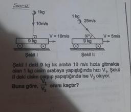 Soru
1kg
10m/s
9 kg
V = 10m/s
1 kg
25m/s
37°
9 kg
V = 5m/s
Şekil 1
Şekil II
Şekil I deki 9 kg lik araba 10 m/s hızla gitmekte
olan 1 kg cisim arabaya yapıştığında hızı V₁, Şekil
Il deki cisim çarpıp yapıştığında ise V₂ oluyor.
V.
Buna göre, oranı kaçtır?
V₂