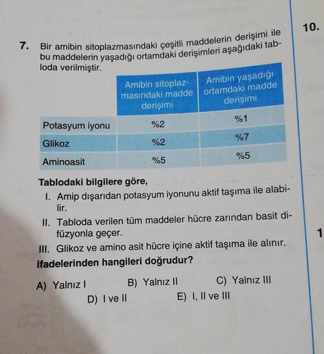 7. Bir amibin sitoplazmasındaki çeşitli maddelerin derişimi ile
bu maddelerin yaşadığı ortamdaki derişimleri aşağıdaki tab-
loda verilmiştir.
Amibin sitoplaz-
masındaki madde
derişimi
%2
%2
%5
Potasyum iyonu
Glikoz
Aminoasit
Tablodaki bilgilere göre,
1. Am