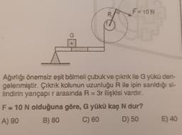 R
F = 10 N
Ağırlığı önemsiz eşit bölmeli çubuk ve çıkrık ile G yükü den-
gelenmiştir. Çıkrık kolunun uzunluğu R ile ipin sarıldığı si-
lindirin yarıçapır arasında R = 3r ilişkisi vardır.
F = 10 N olduğuna göre, G yükü kaç N dur?
A) 90
B) 80
C) 60
D) 50
E) 40