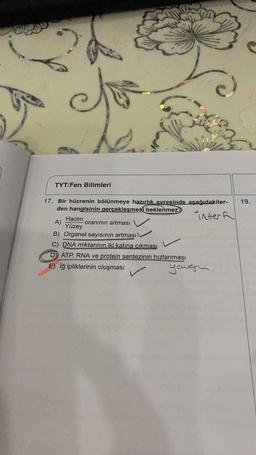 TYT/Fen Bilimleri
17. Bir hücrenin bölünmeye hazırlık evresinde aşağıdakiler-
den hangisinin gerçekleşmesi beklenmez?
inter
Hacim
A)
oranının artması
Yüzey
B) Organel sayısının artması
DNA miktarının iki katına çıkması
D ATP, RNA ve protein sentezinin hızlanması
E) Iğ ipliklerinin oluşması
yough
19.