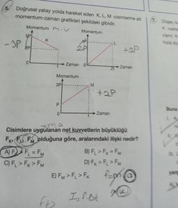 5. Doğrusal yatay yolda hareket eden K, L, M cisimlerine ait
momentum-zaman grafikleri şekildeki gibidir.
Momentum M.V
Momentum
-3P
5P
2P
K
A) FFL = FM
C) FL > FK > FM
3P
ft>
Momentum
P
2P
0
Zaman 0
M
E) FM> FL > FK
+2p
ma
Cisimlere uygulanan net kuvvetlerin büyüklüğü
FK F FM olduğuna göre, aralarındaki ilişki nedir?
Zaman
Zaman
B) FL > FK = FM
D) FK > FL > FM
I. f.Dt
7. Düşey ke
II.
C