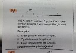 15)
X
sa come oplodnus hous
Y
Z
İnce X, kalın Y, çok kalın Z yayları K ve L nokta-
larından birleştirilip X yayından şekildeki gibi atma
gönderiliyor.
Buna göre,
1. K den yansıyan atma baş aşağıdır.
II. Z ye iletilen atma baş yukarıdır.
III. L den yansıyan atma baş yukarıdır.
yargılarından hangileri doğrudur?